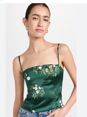 Reformation Overland Silk Top in green floral. New. Size 2